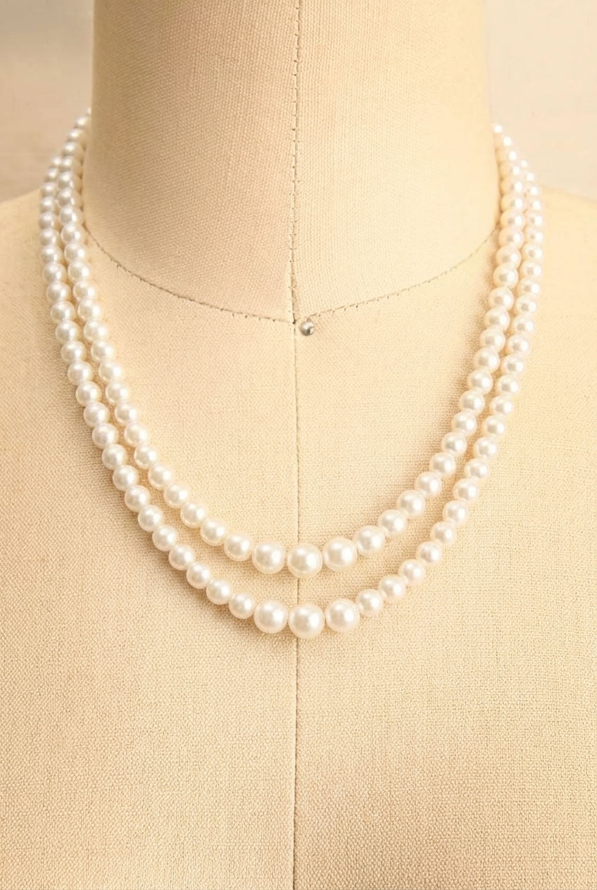 Close up of an Elegant pearl beaded layered necklace set featuring two strands and matching studs from boutique 1861
