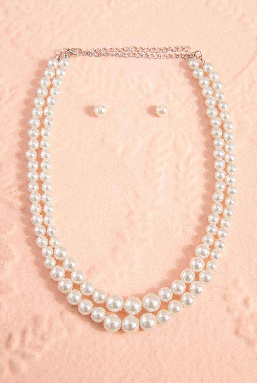 Top shot of an Elegant pearl beaded layered necklace set featuring two strands and matching studs from boutique 1861