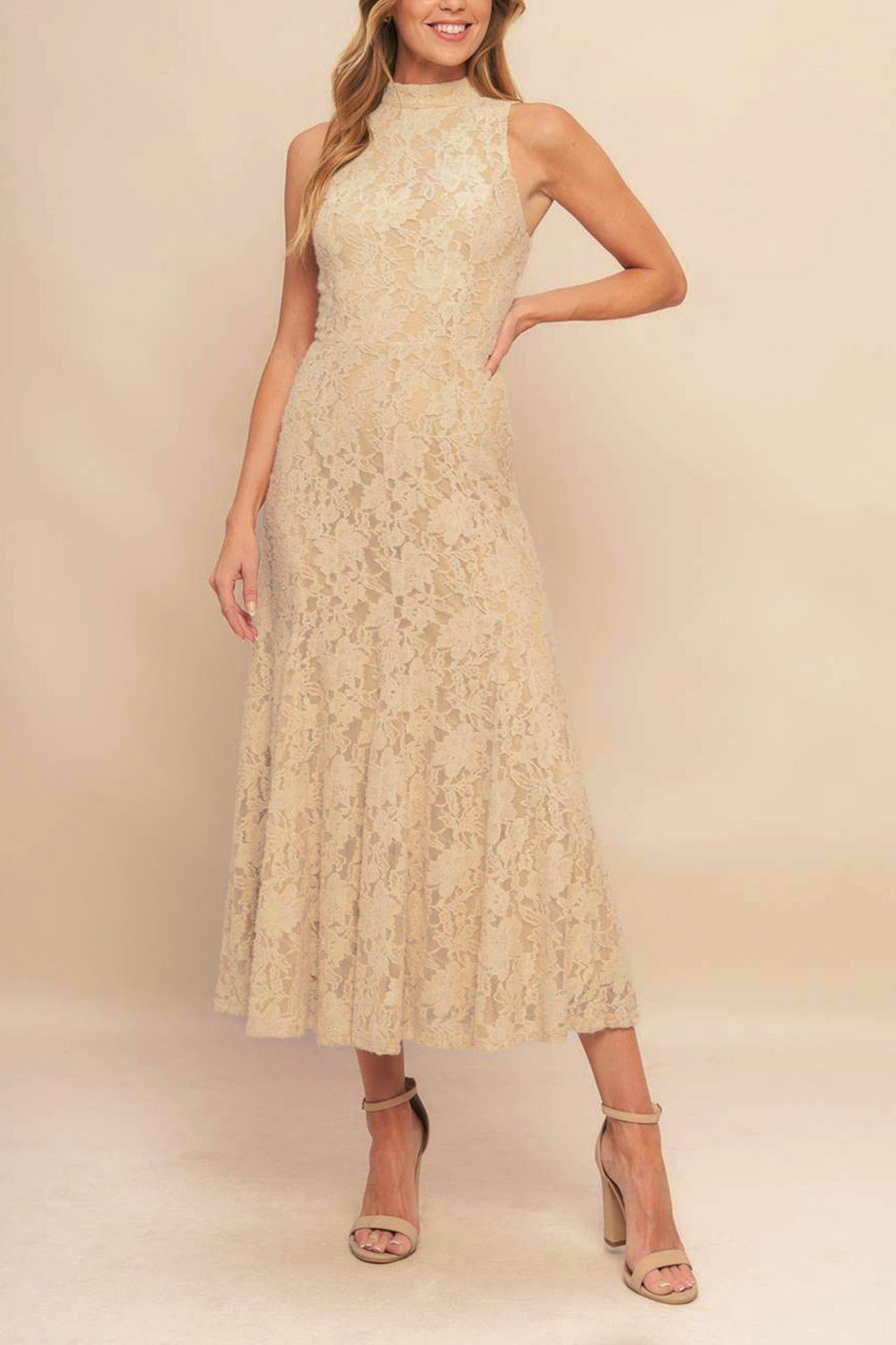 Josephine | Robe Midi Sans Manches Beige en Dentelle