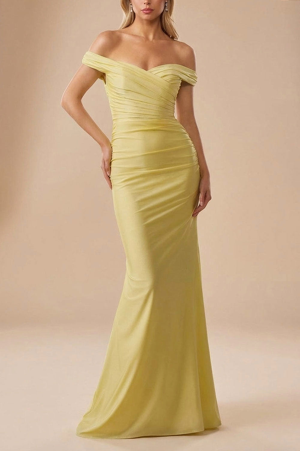 front of a woman wearing Kailey Light Yellow Satin Off Shoulder Maxi Dress | Boutique 1861