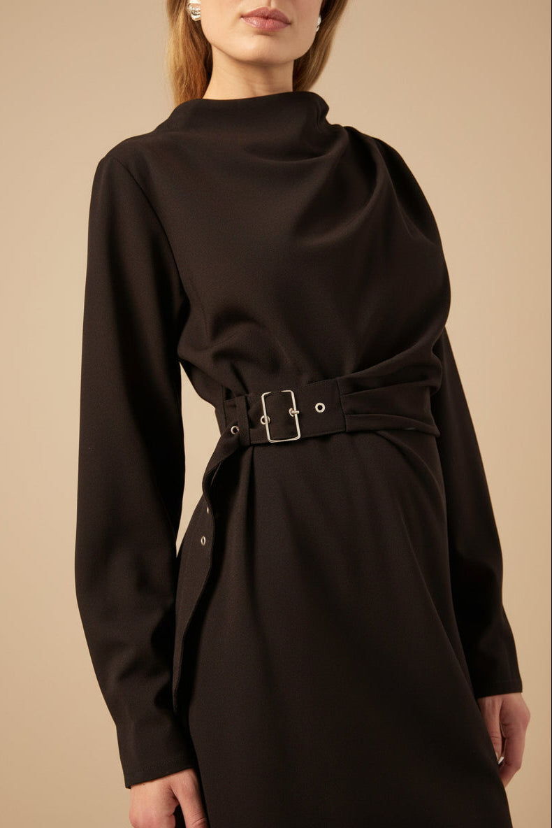 close-up of a Woman wearing Kakina, a Black Short Blazer Dress with Waist Belt from la petite garçonne