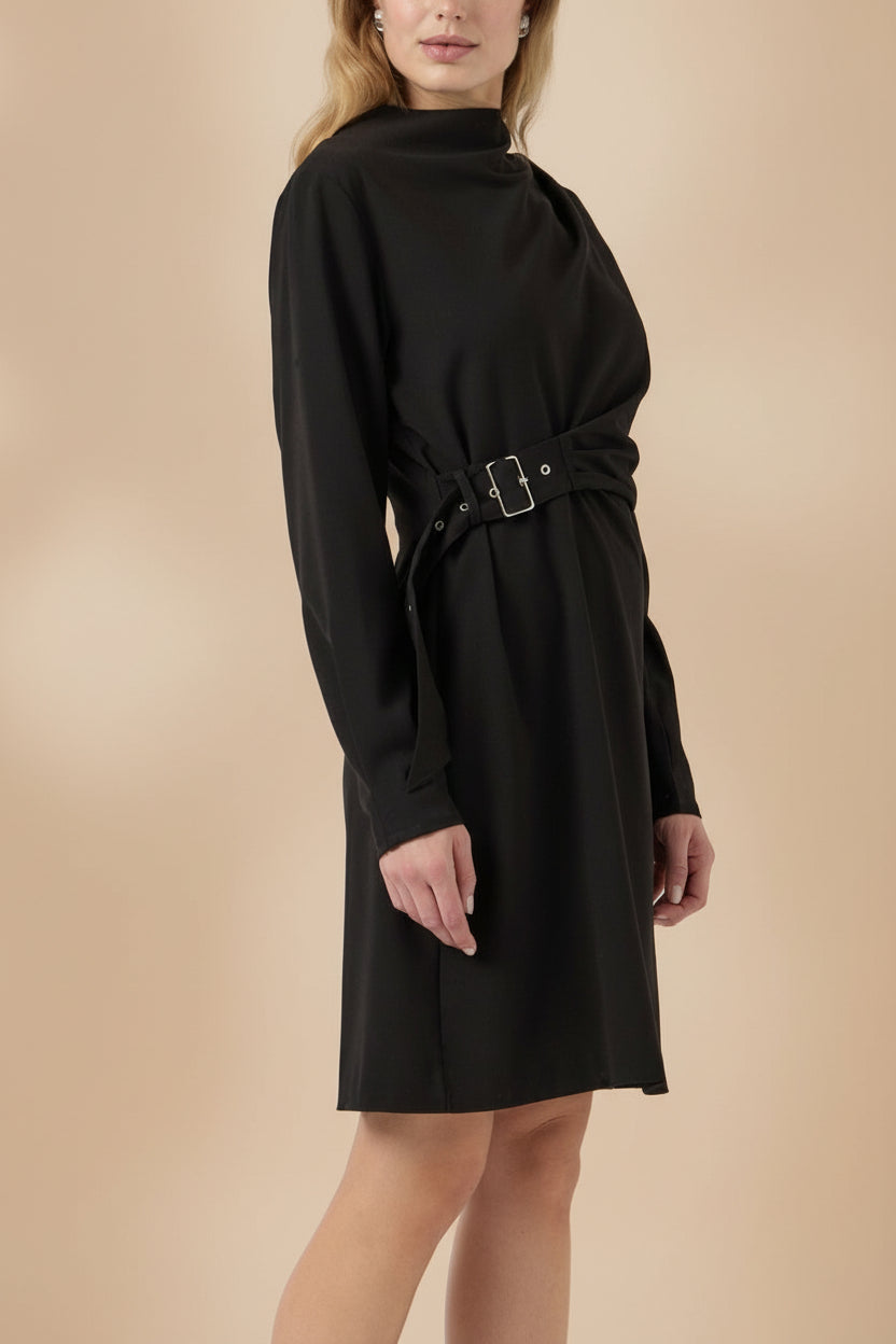 Sideview of a Woman wearing Kakina, a Black Short Blazer Dress with Waist Belt from la petite garçonne