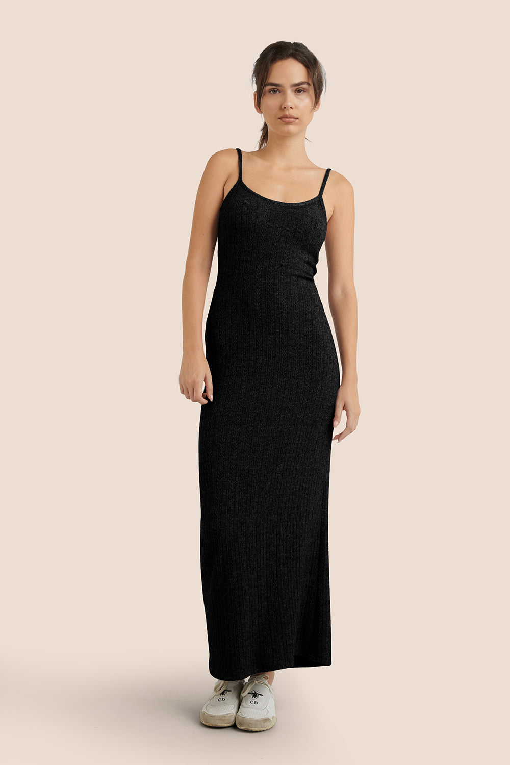 Katherine Black Knit Maxi Dress w/ Thin Straps | La petite garçonne
front on model