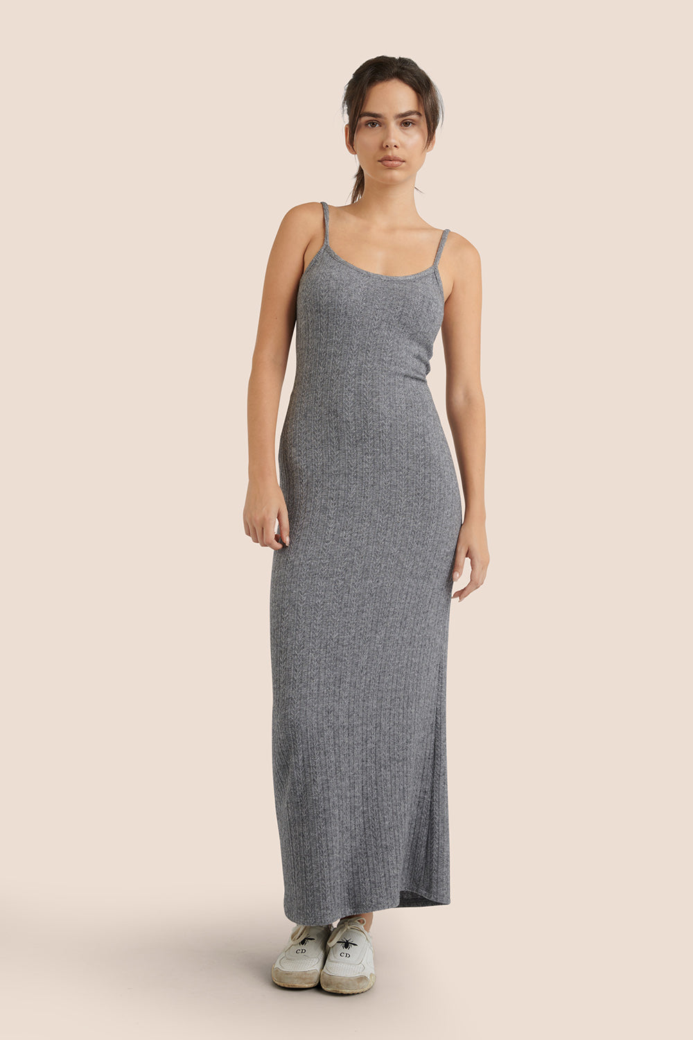 Katherine Grey Knit Maxi Dress w/ Thin Straps | La petite garçonne on model front