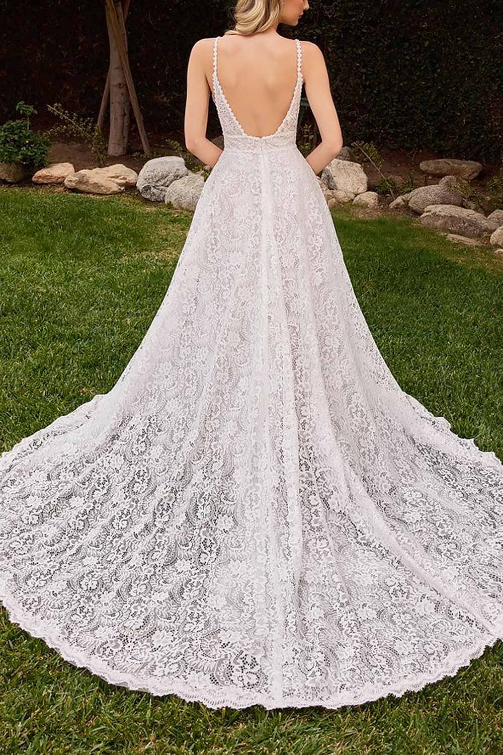 back of a woman wearing Katina Lace Bridal Dress with Removable Sleeves from Boudoir 1861 no sleeves