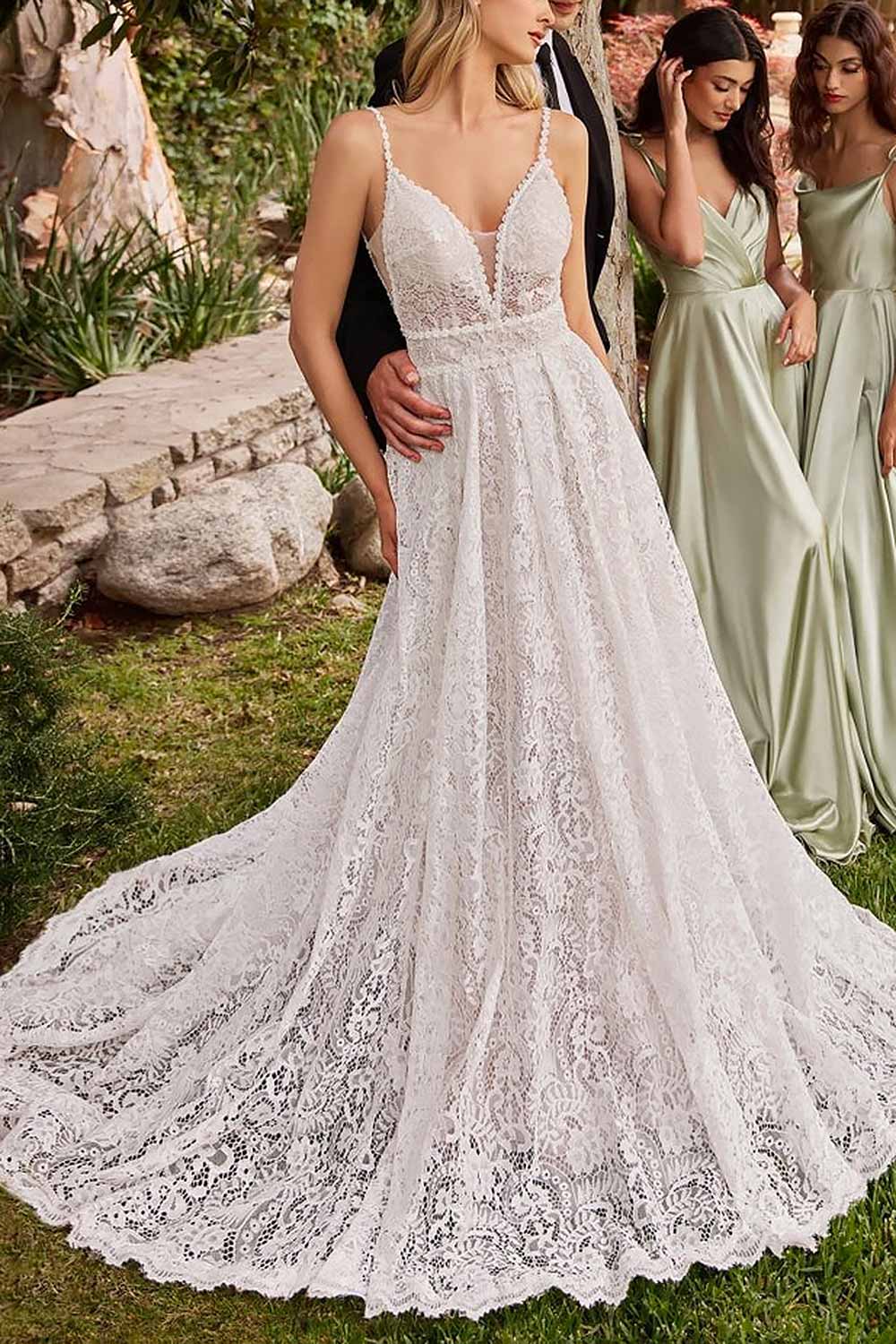 woman wearing Katina Lace Bridal Dress with Removable Sleeves from Boudoir 1861