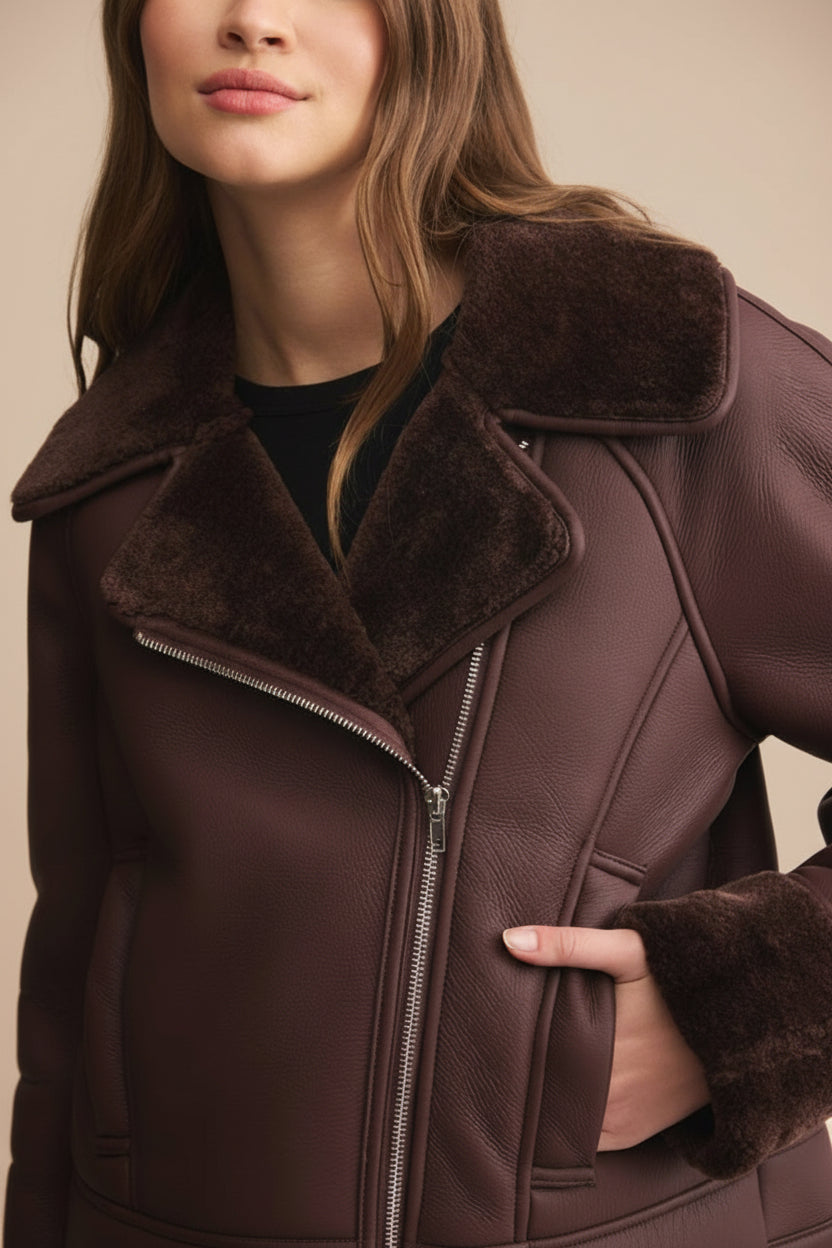 Kempsey Brown Faux Leather Coat | La petite garçonne close-up model