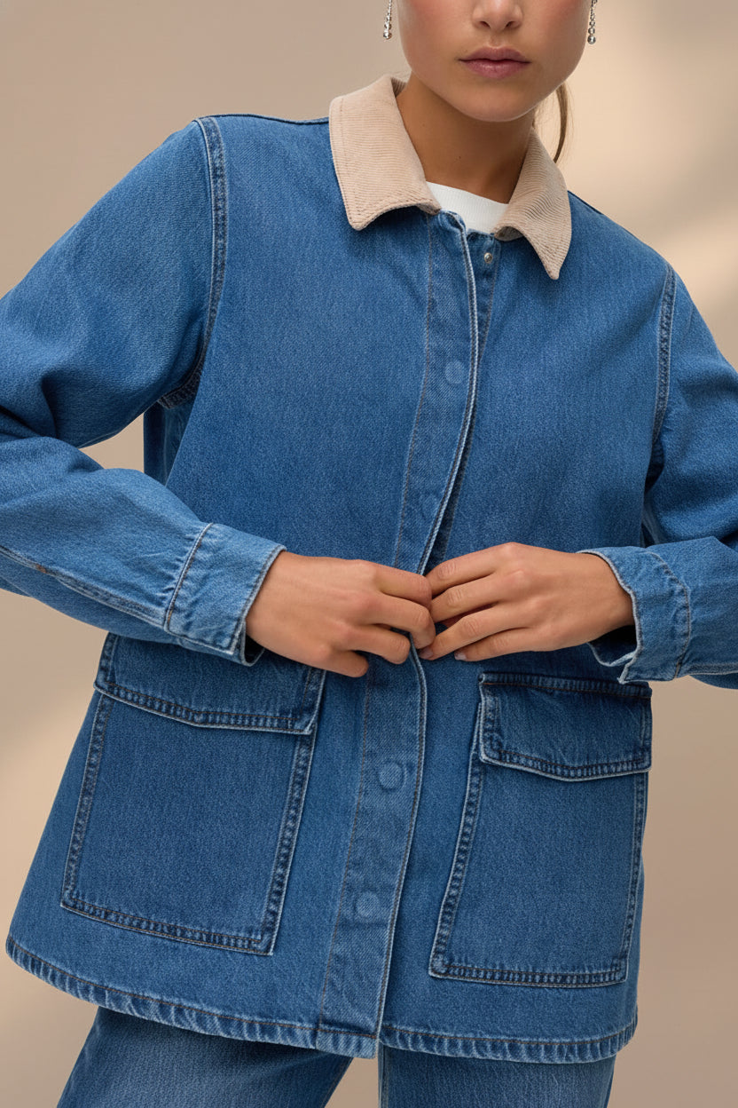 Kinsale Blue Denim Jacket with Front Pockets | La petite garçonne front model