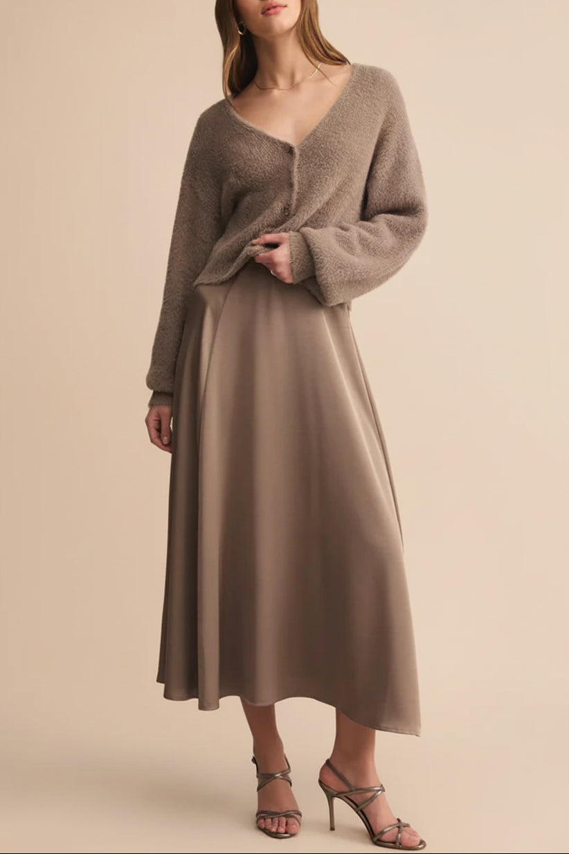 Kormo Taupe Long Satin Skirt | Boutique 1861 full model