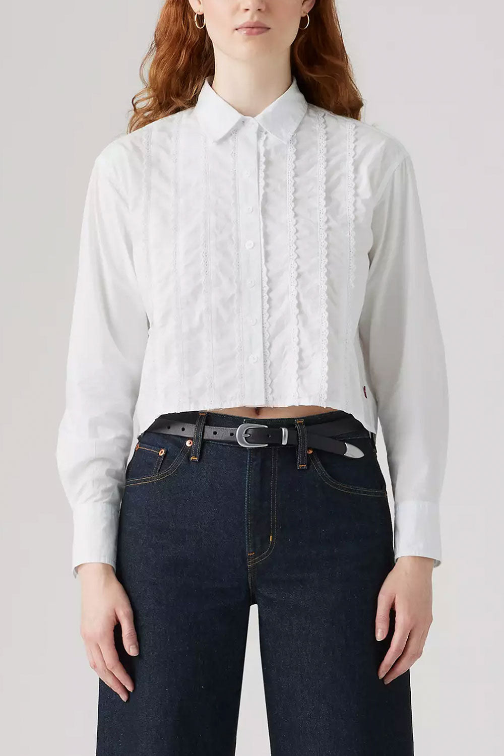 Woman wearing Kasoa White Shirt with Floral Lace from La petite garçonne front