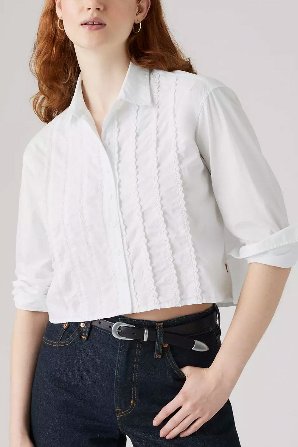 Woman wearing Kasoa White Shirt with Floral Lace from La petite garçonne front