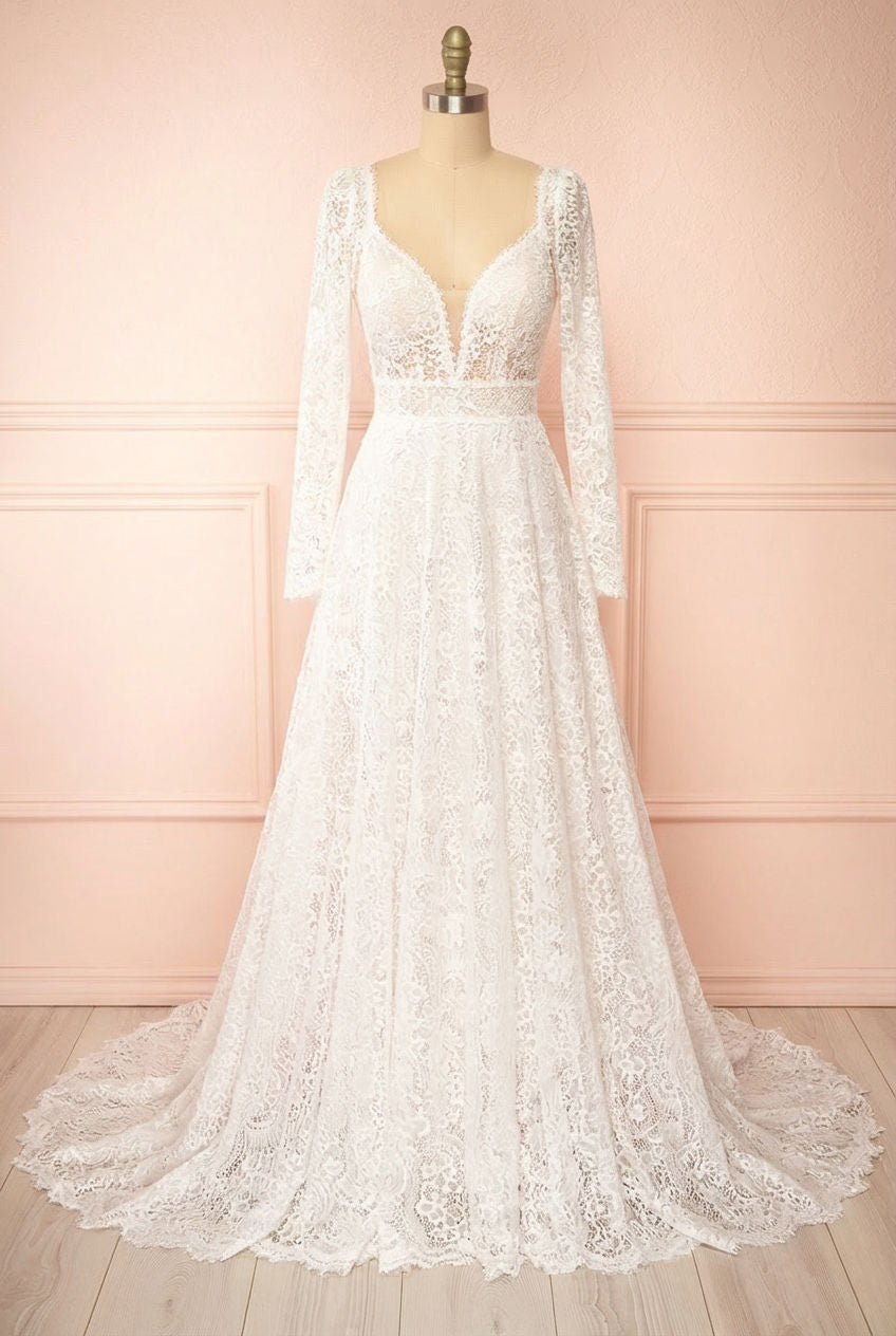 Frontview of Katina Lace Bridal Dress with Removable Sleeves from Boudoir 1861