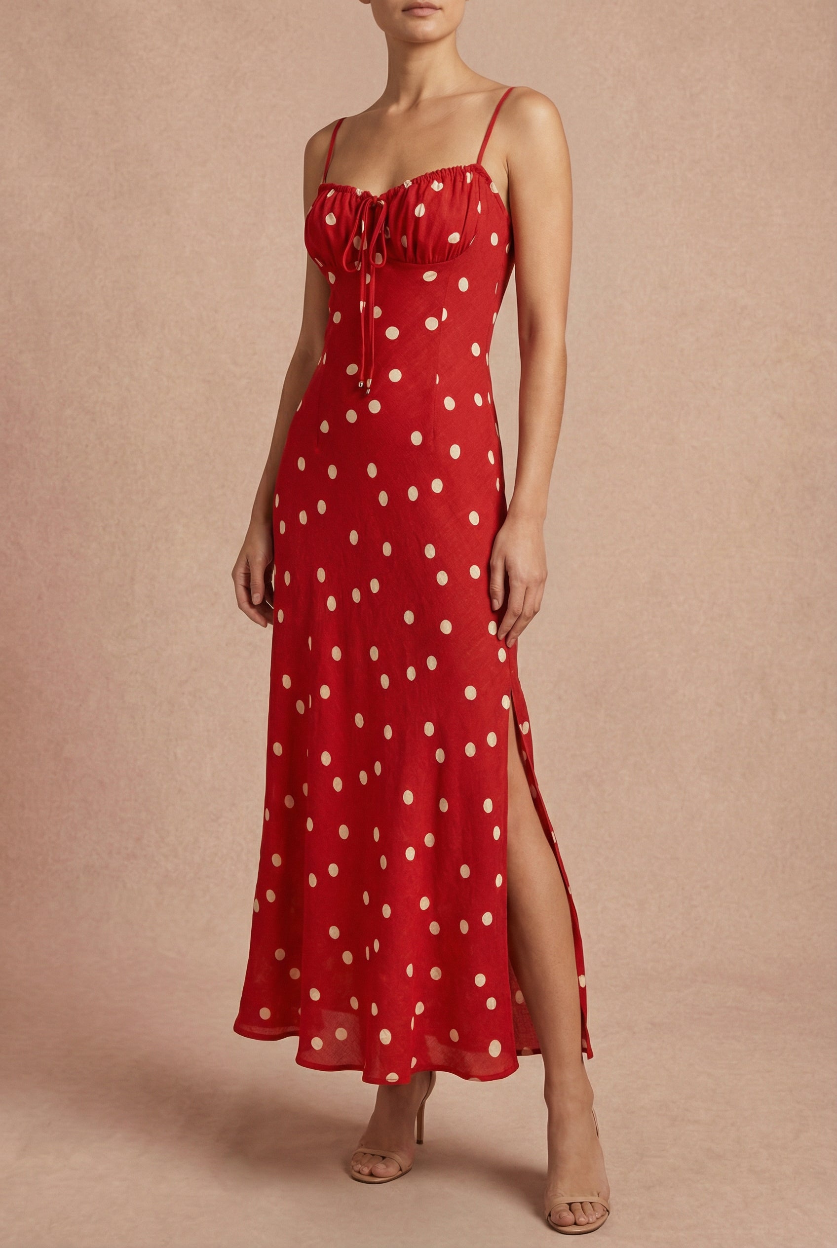 woman wearing Khatiba Long Red Dress with Polka Dots and Slit from Boutique 1861