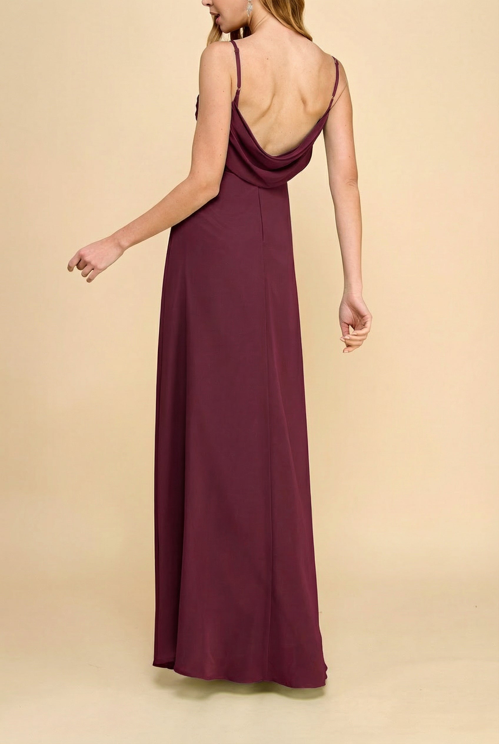 Backview woman wearing Kieran Burgundy A-Line Maxi Dress with Lace from Boutique 1861