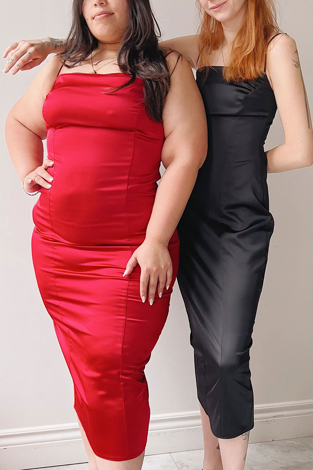 Korina Green Fitted Satin Midi Dress | La petite garçonne models