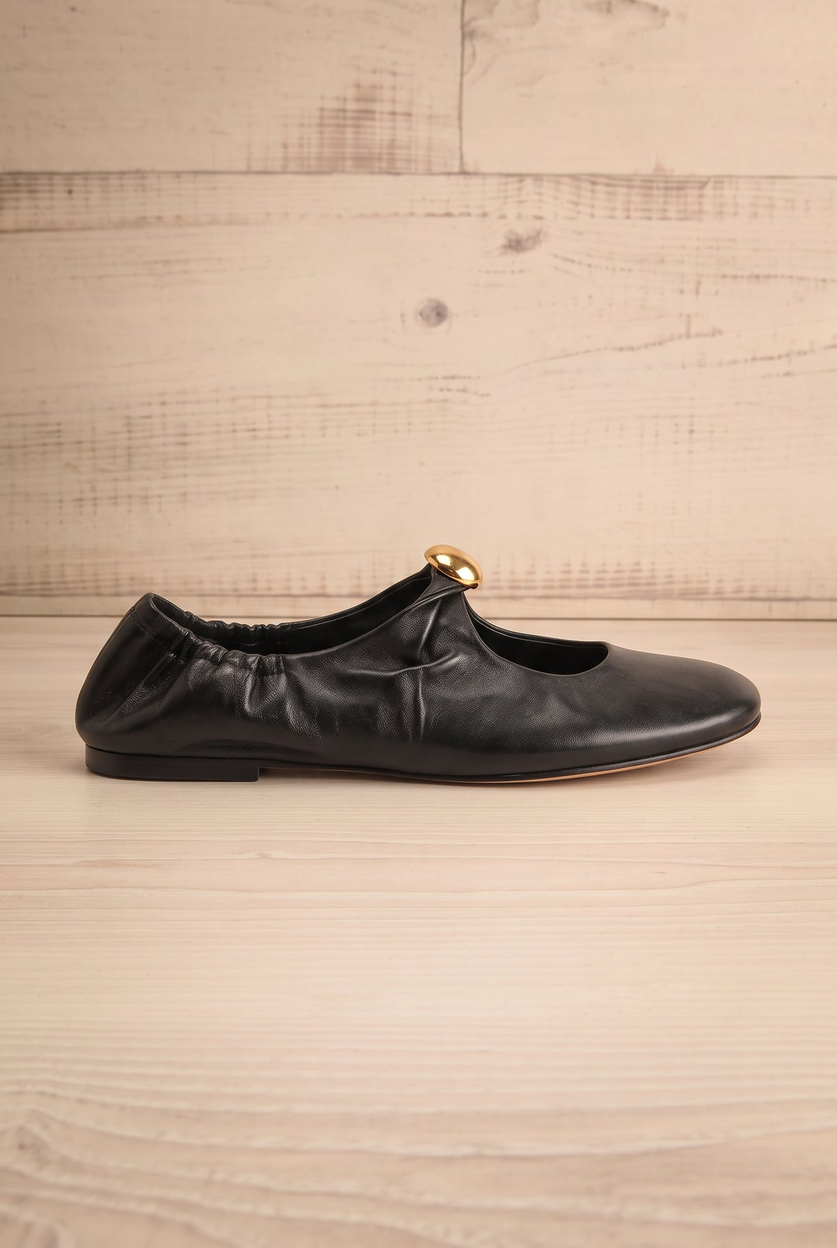 side of Kornela Black Leather Ballet Flat Shoes at La petite garçonne