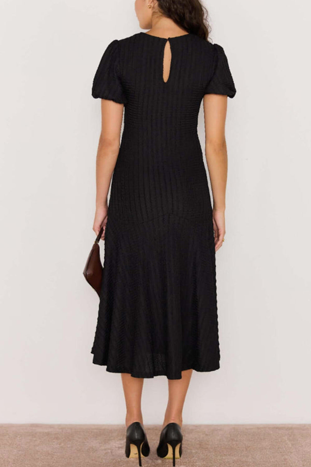 Lenexa Black Midi Dress with Puff Sleeves | La petite garçonne back model