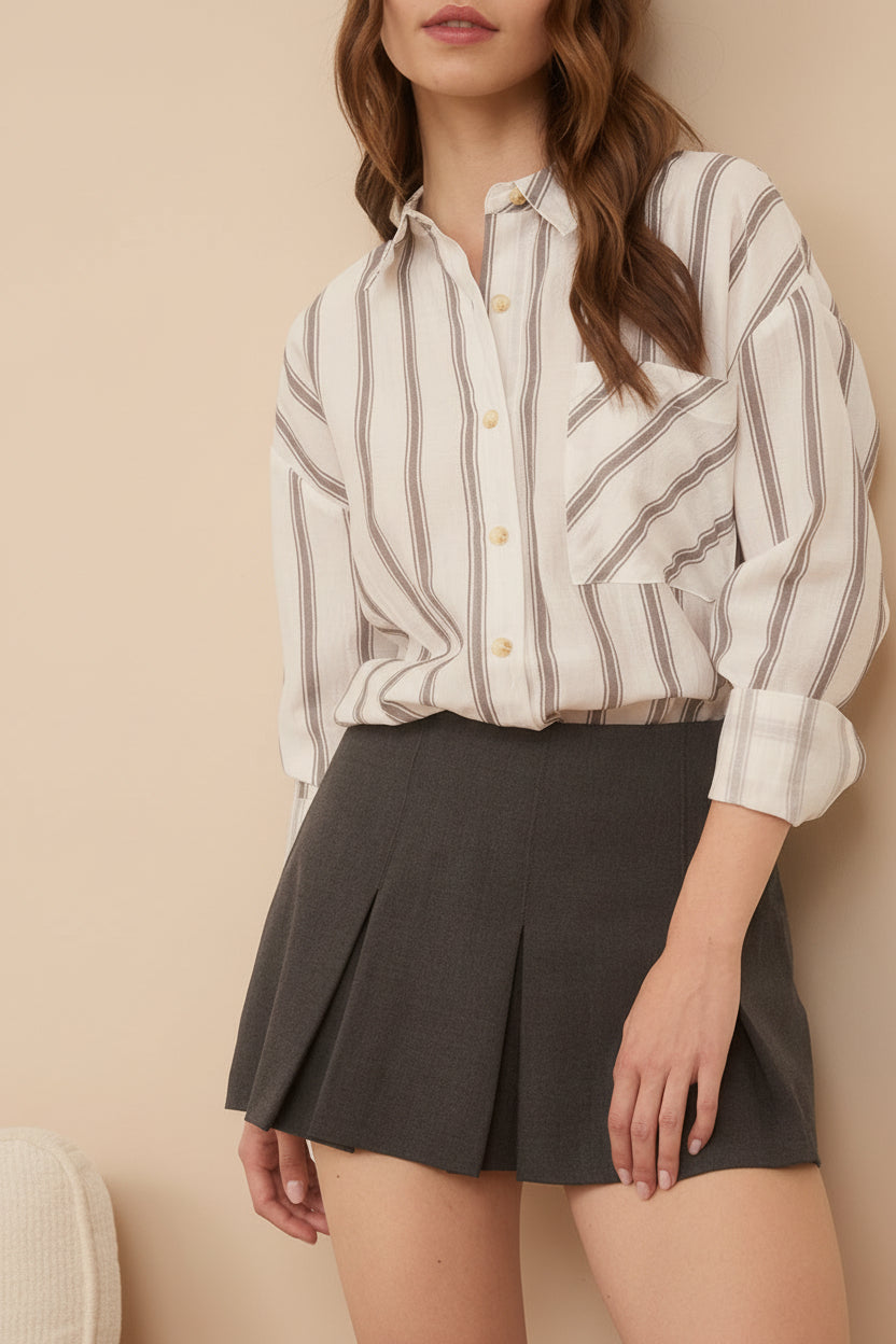 Woman wearing Loubinette Oversized Striped Shirt from La petite garçonne front