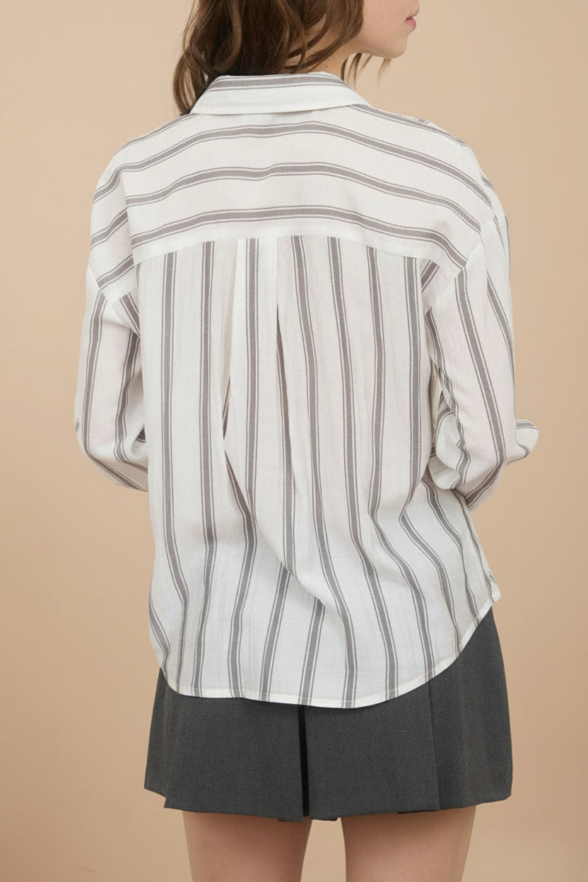 Woman wearing Loubinette Oversized Striped Shirt from La petite garçonne back