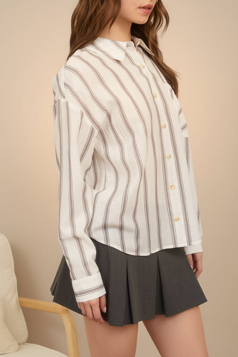 Woman wearing Loubinette Oversized Striped Shirt from La petite garçonne side