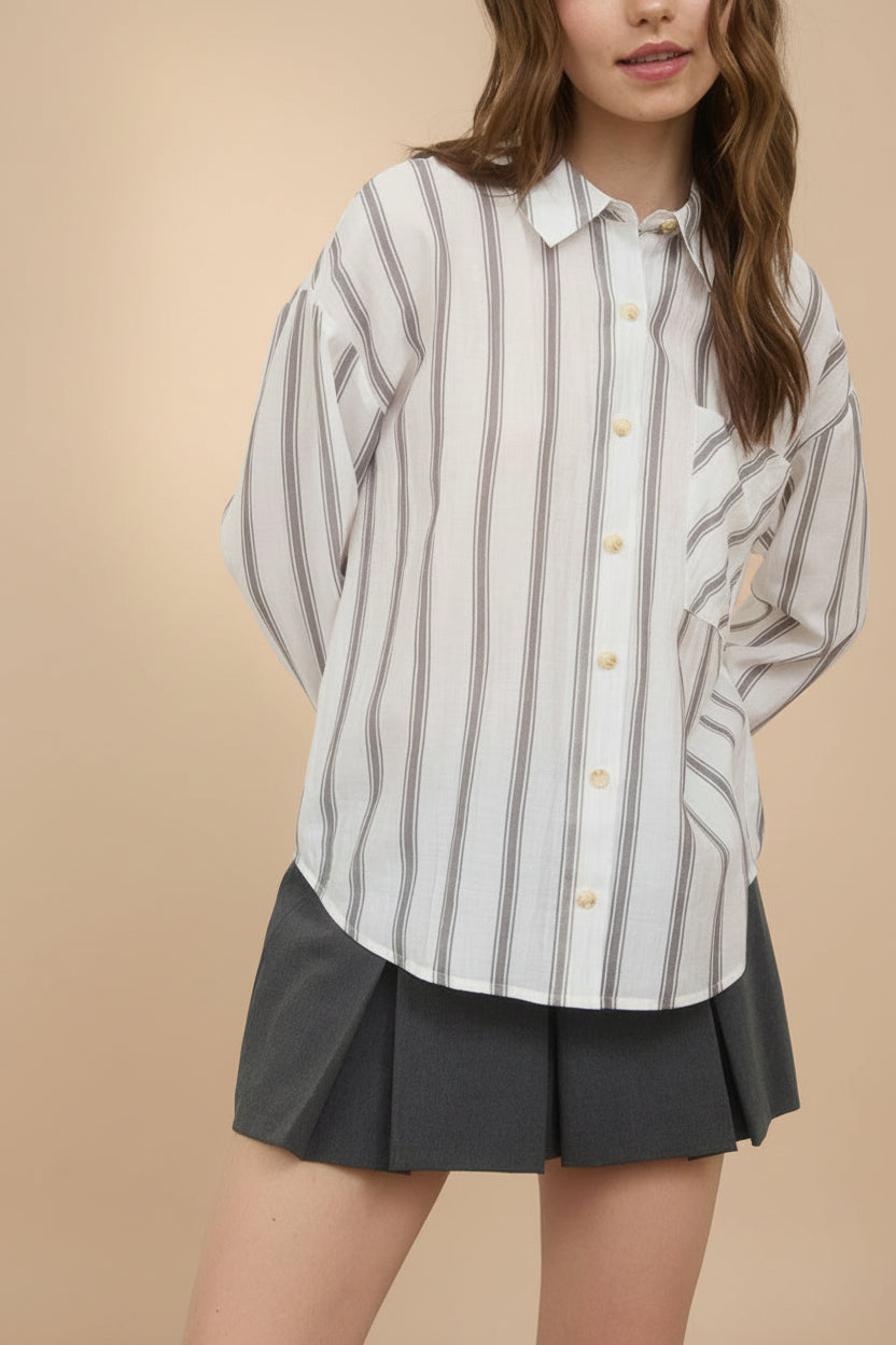 Woman wearing Loubinette Oversized Striped Shirt from La petite garçonne front