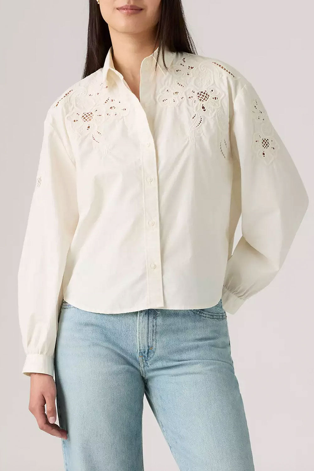 Woman wearing Laredo White Shirt with Openwork Details from La petite garçonne front