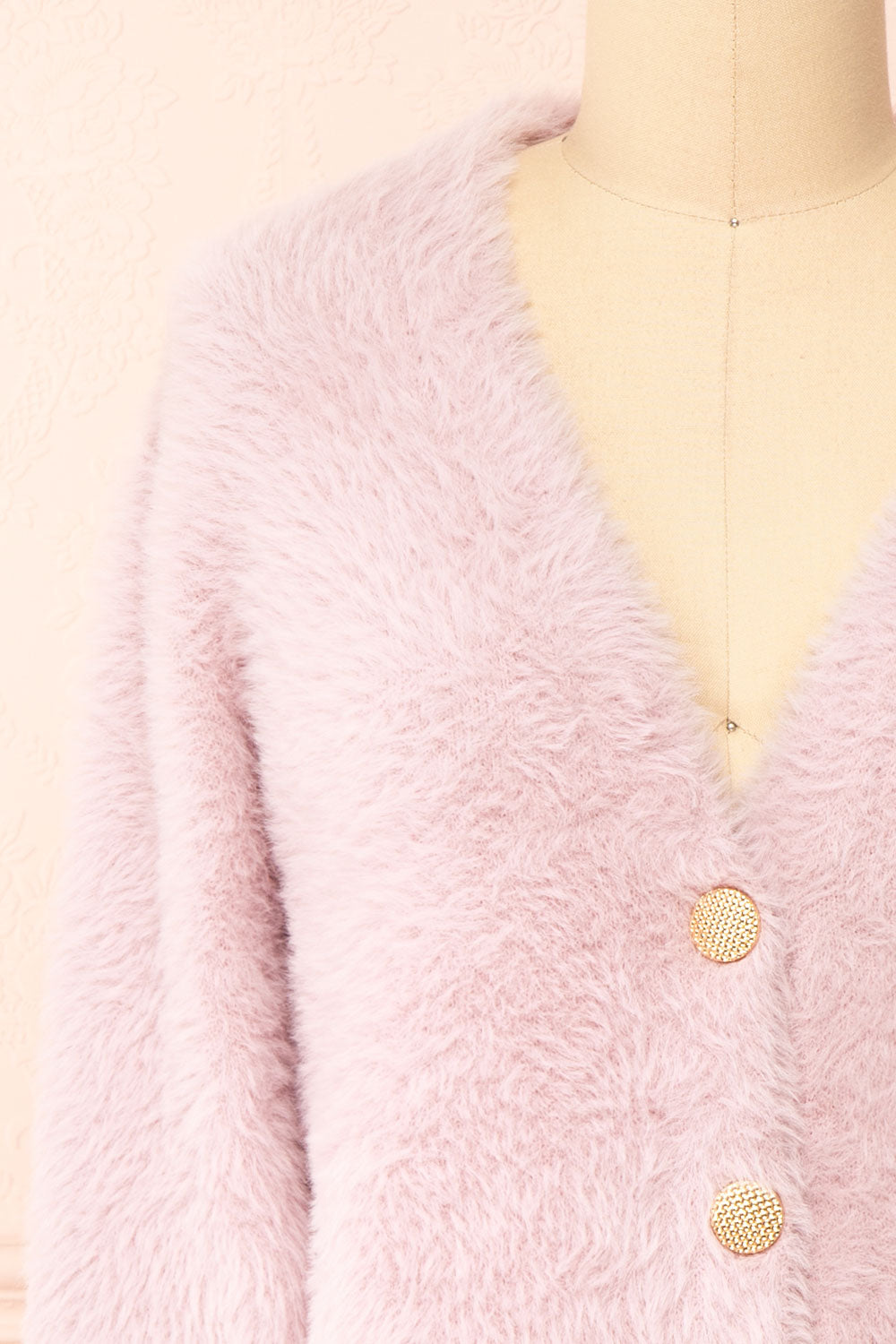 Leni Mauve Fuzzy Cardigan | La petite garçonne front close-up