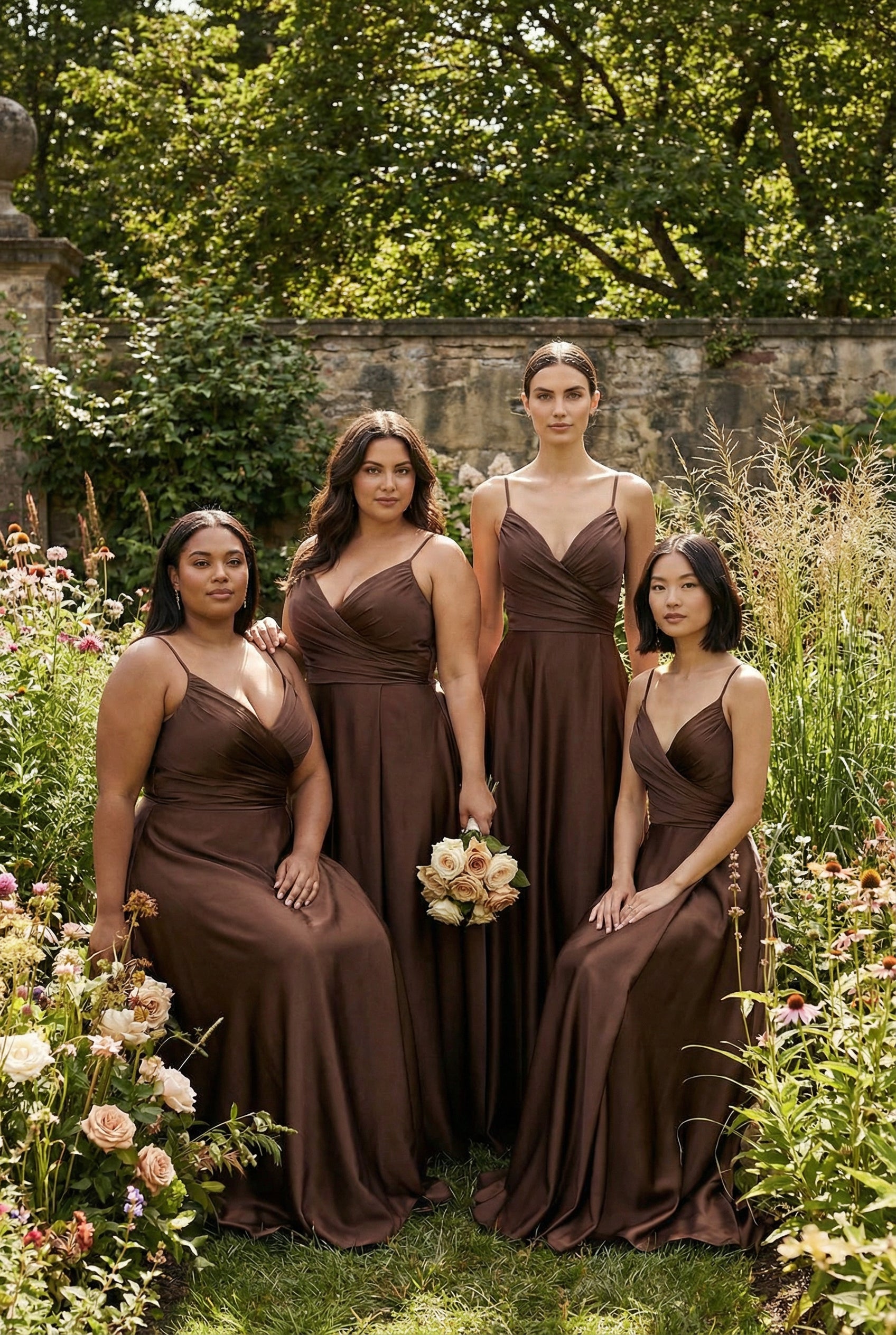 4 bridesmaids into a garden wearing Lizza Brown Satin Maxi Dress with Slit from Boutique 1861