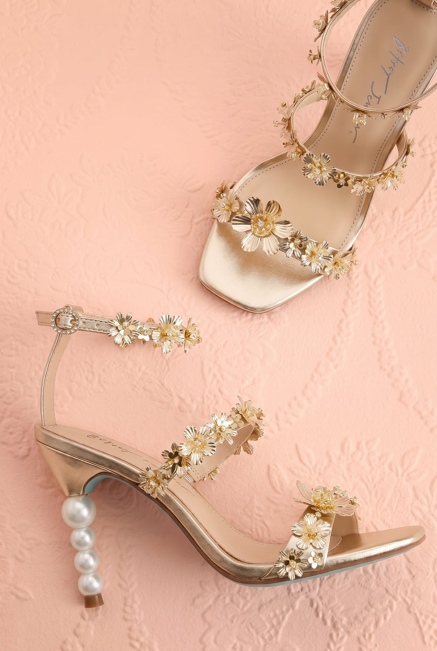 Topview Lorra Gold Floral Sandals with Pearl Heel from Betsey Johnson at boutique 1861