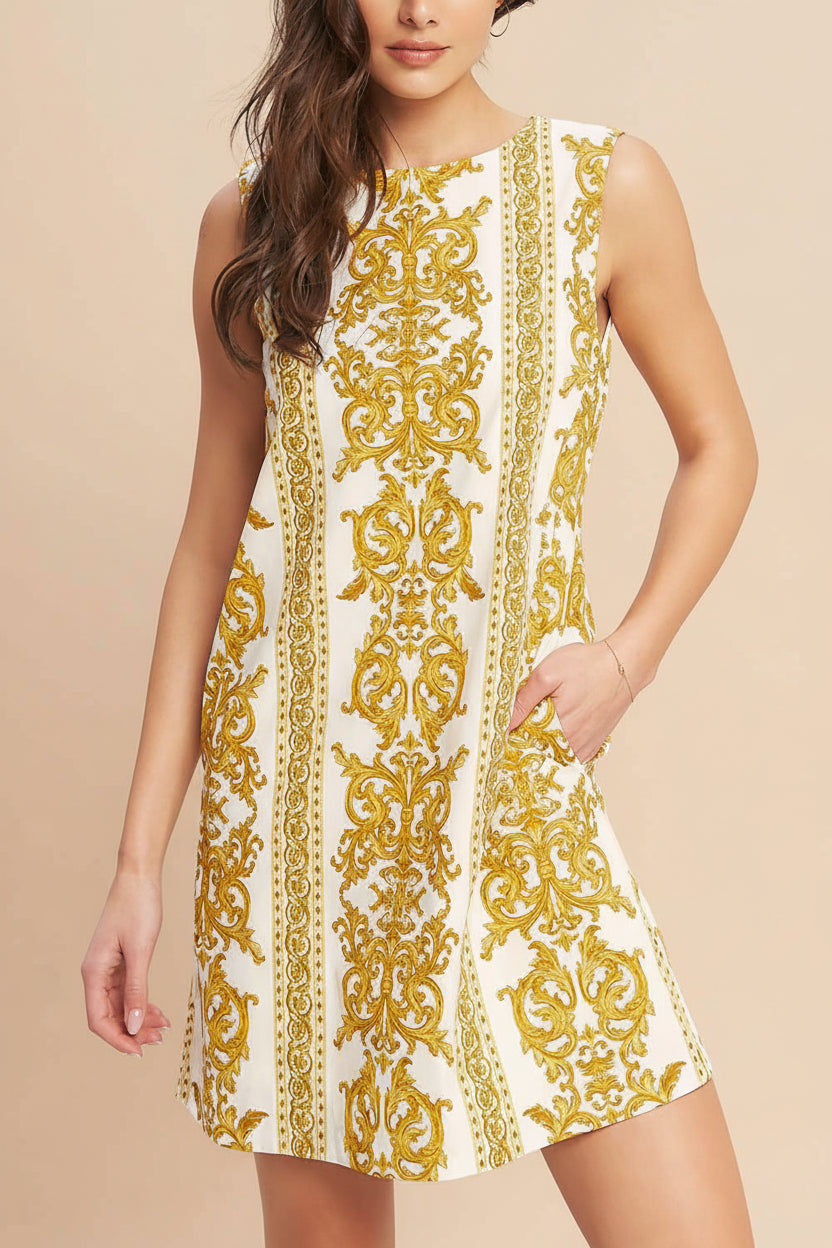 front view of a woman wearing Madge Short Straight Dress with Baroque Print from Boutique 1861