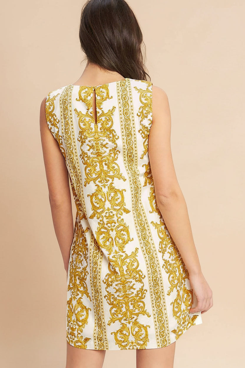 back view of a woman wearing Madge Short Straight Dress with Baroque Print from Boutique 1861