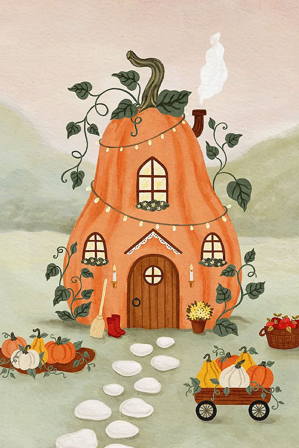 Card Illustration close-up of a pumpkin-shaped house with decorative elements from Marie-Lise