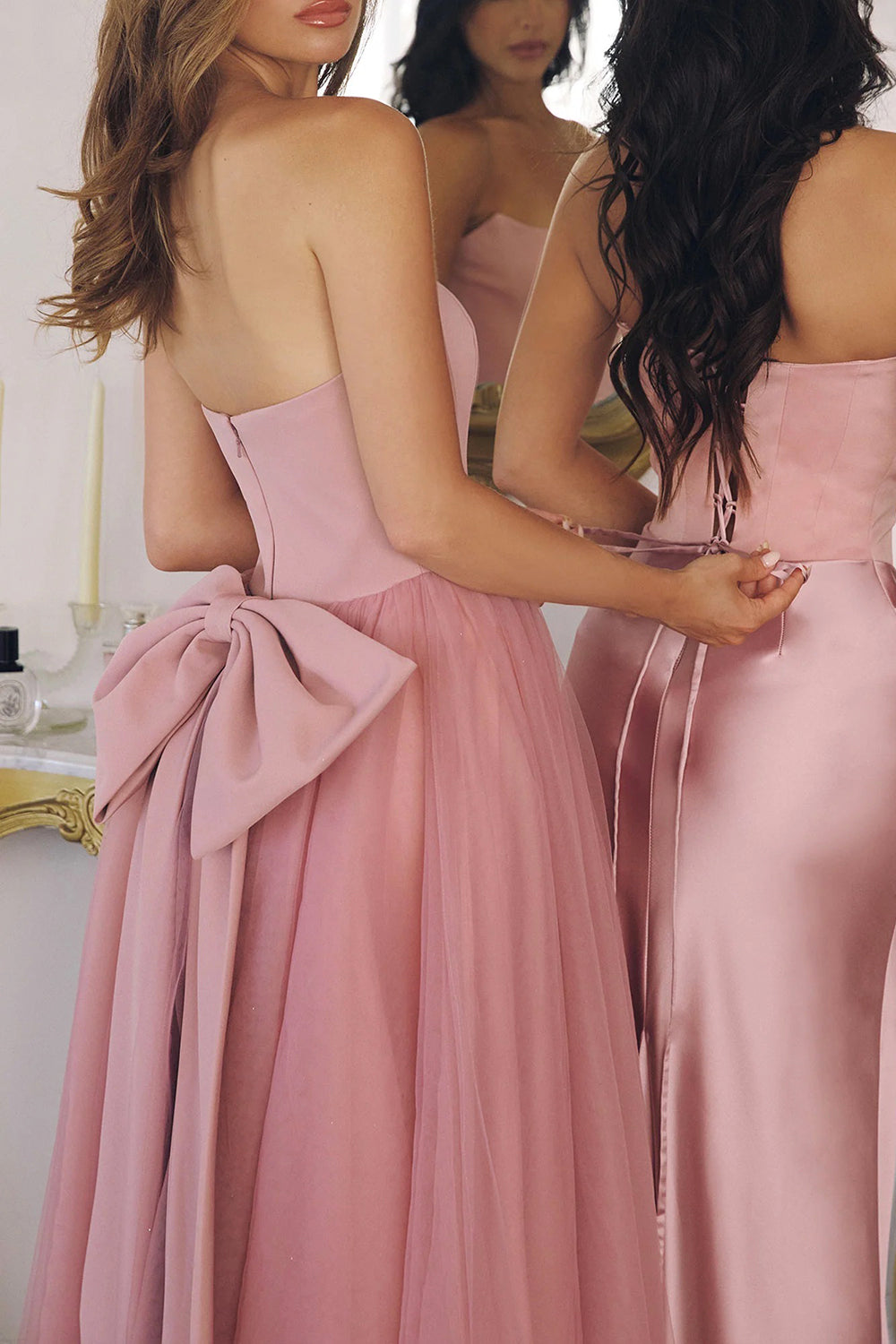 Makoto Pink Maxi Strapless A-Line Dress | Boutique 1861 back view on model