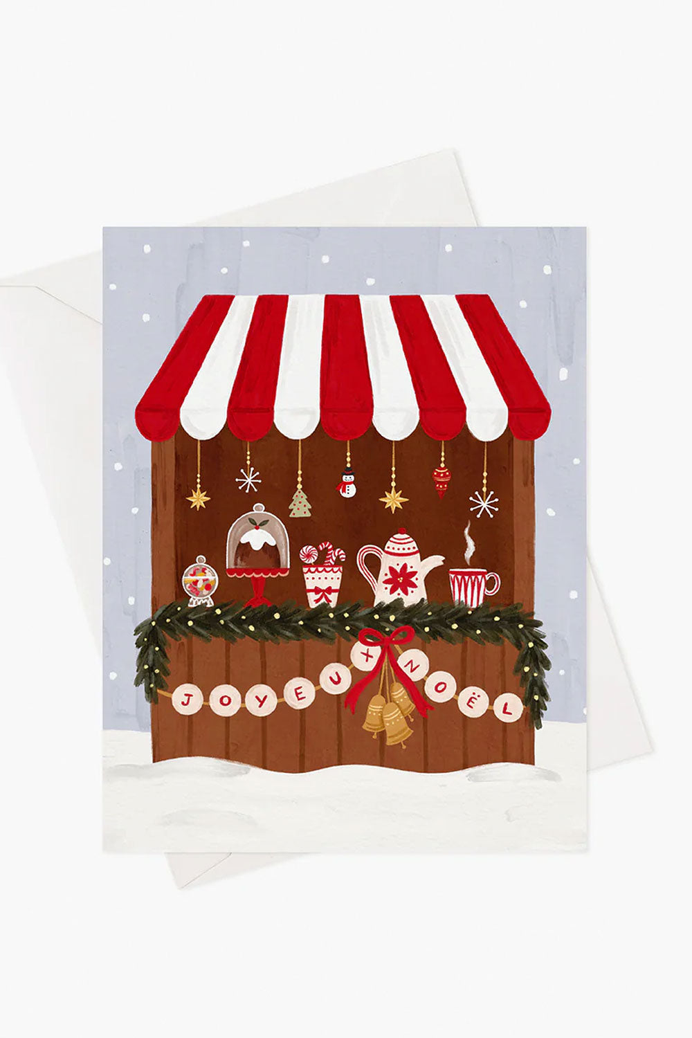 Christmas-themed card with a festive German market stall design on a snowy background.