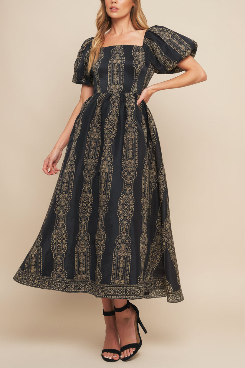 front view of a woman wearing Marcie Midi Dress with Puffs Sleeves from Boutique 1861