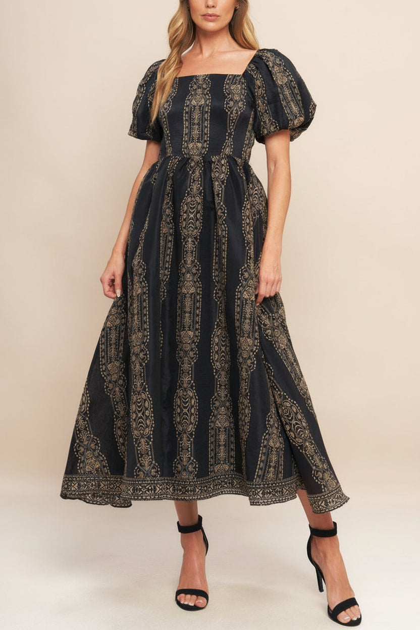 view of a woman wearing Marcie Midi Dress with Puffs Sleeves from Boutique 1861