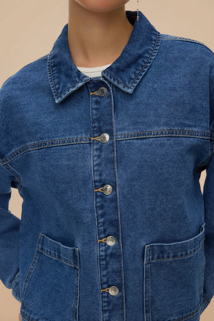 Matera Medium Wash | Denim Button-Up Jacket with Pockets