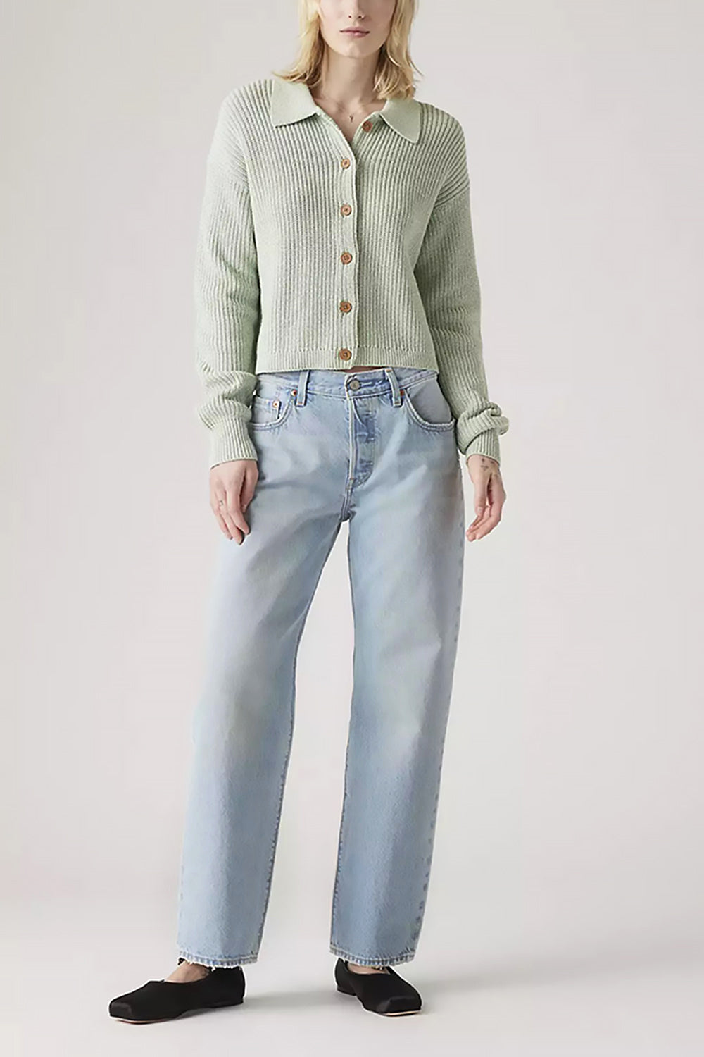 front view of a woman wearing Matheran Light Blue Ankle Length Denim Pants from La petite garçonne