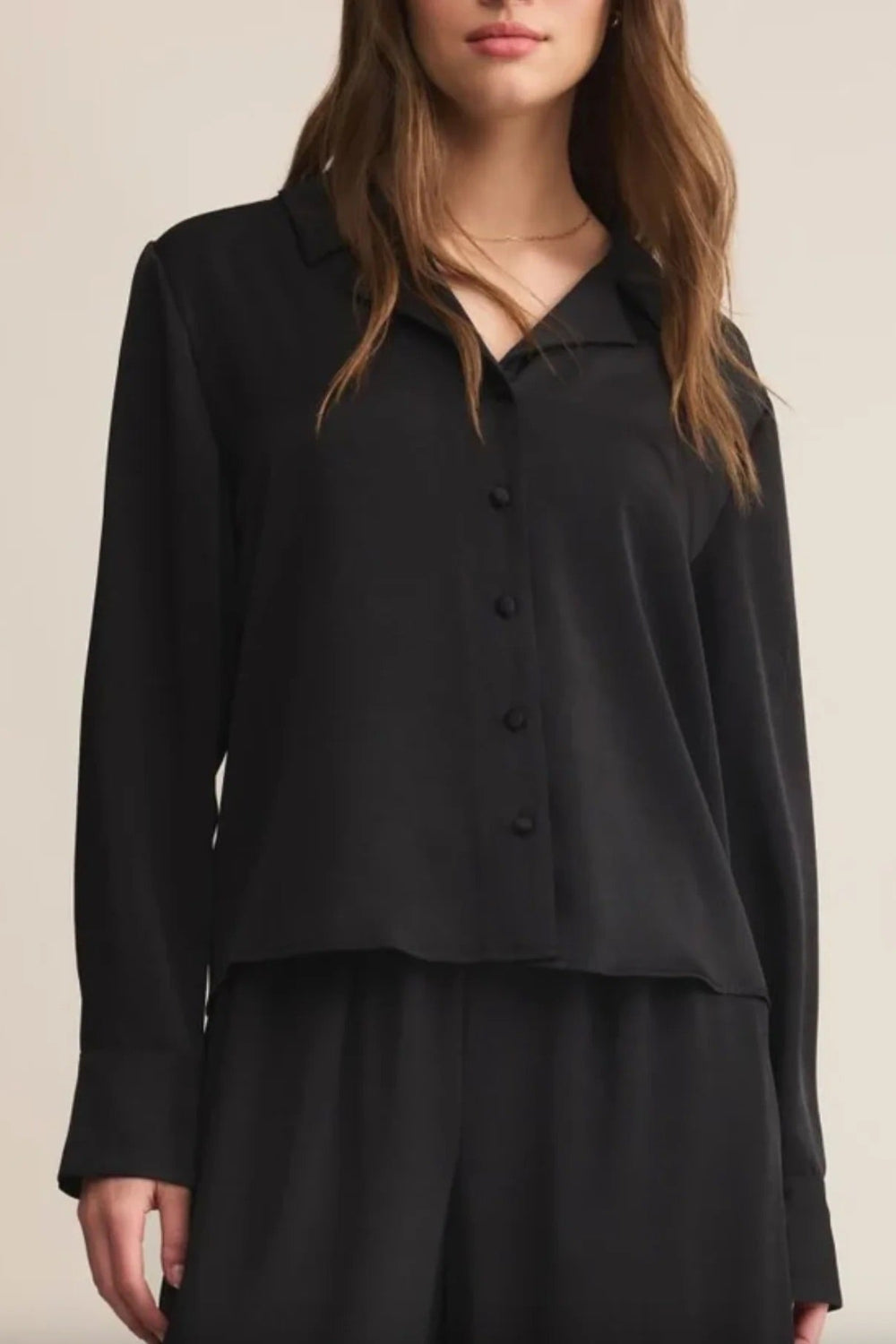 Medan Black Buttoned-Up Satin Blouse | La petite garçonne front model