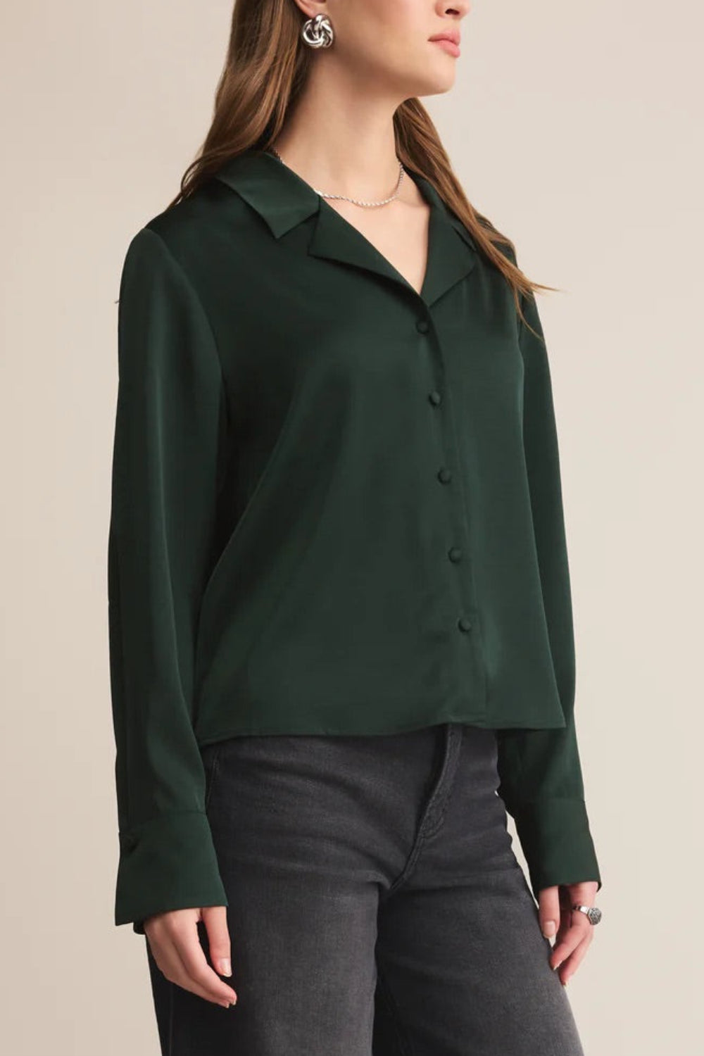 Medan Green Buttoned-Up Satin Blouse | La petite garçonne side model