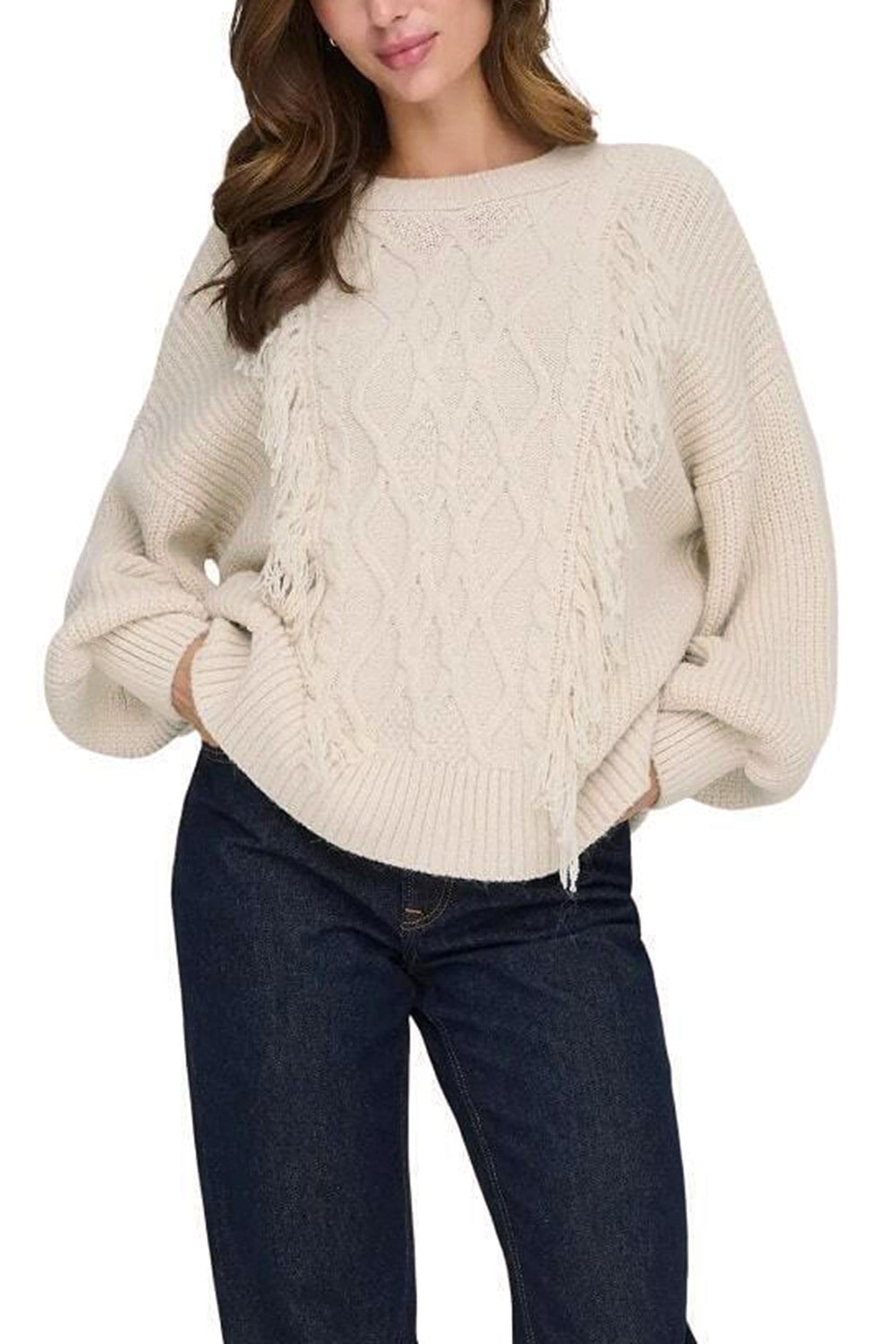 Mildura Beige Knit Sweater with Fringes | La petite garçonne model