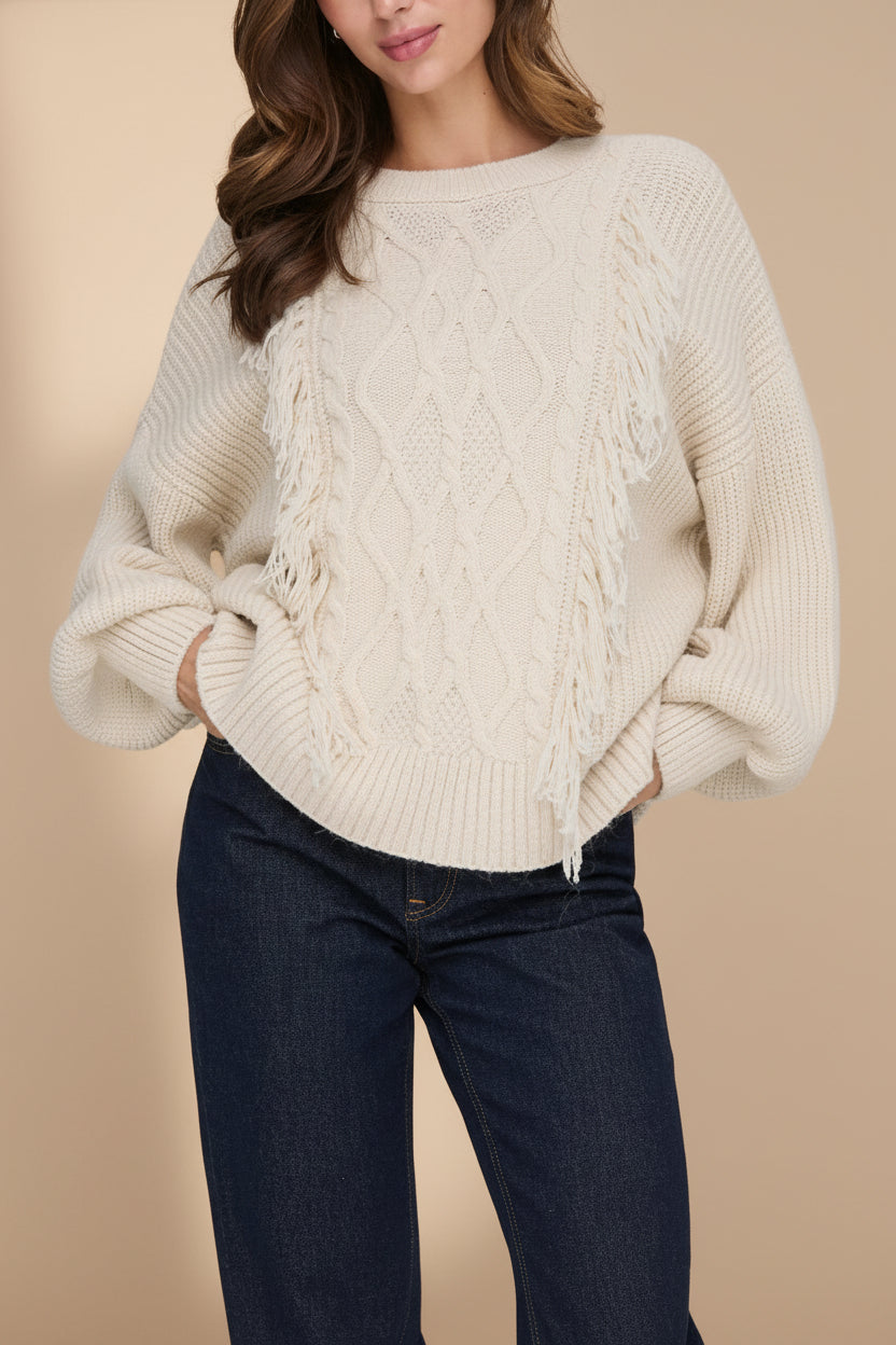 Mildura Beige Knit Sweater with Fringes | La petite garçonne model
