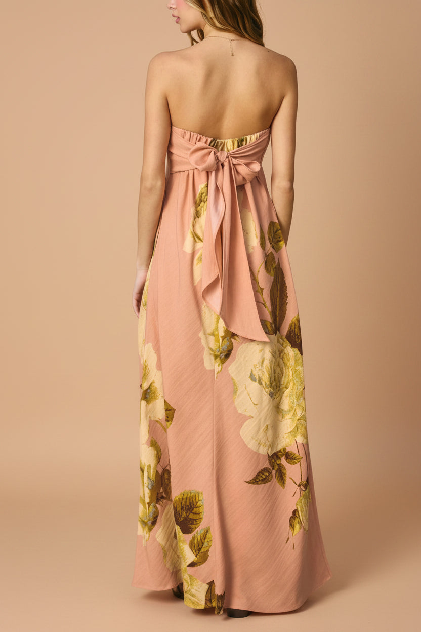 back of a woman wearing Moufida Strapless Pink Maxi Dress with Pockets from Boutique 1861