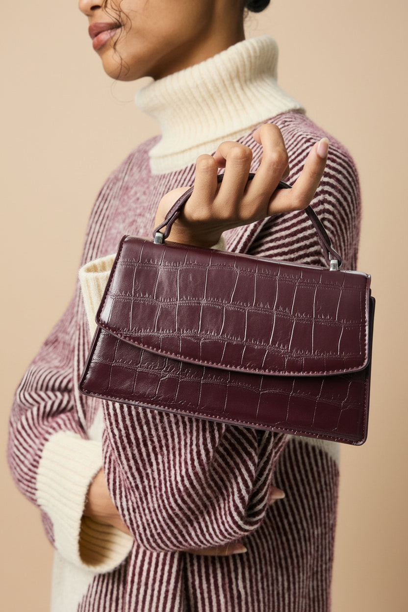 Person showing the snakeskin Burgundy handbag named Mackay from la petite garçonne
