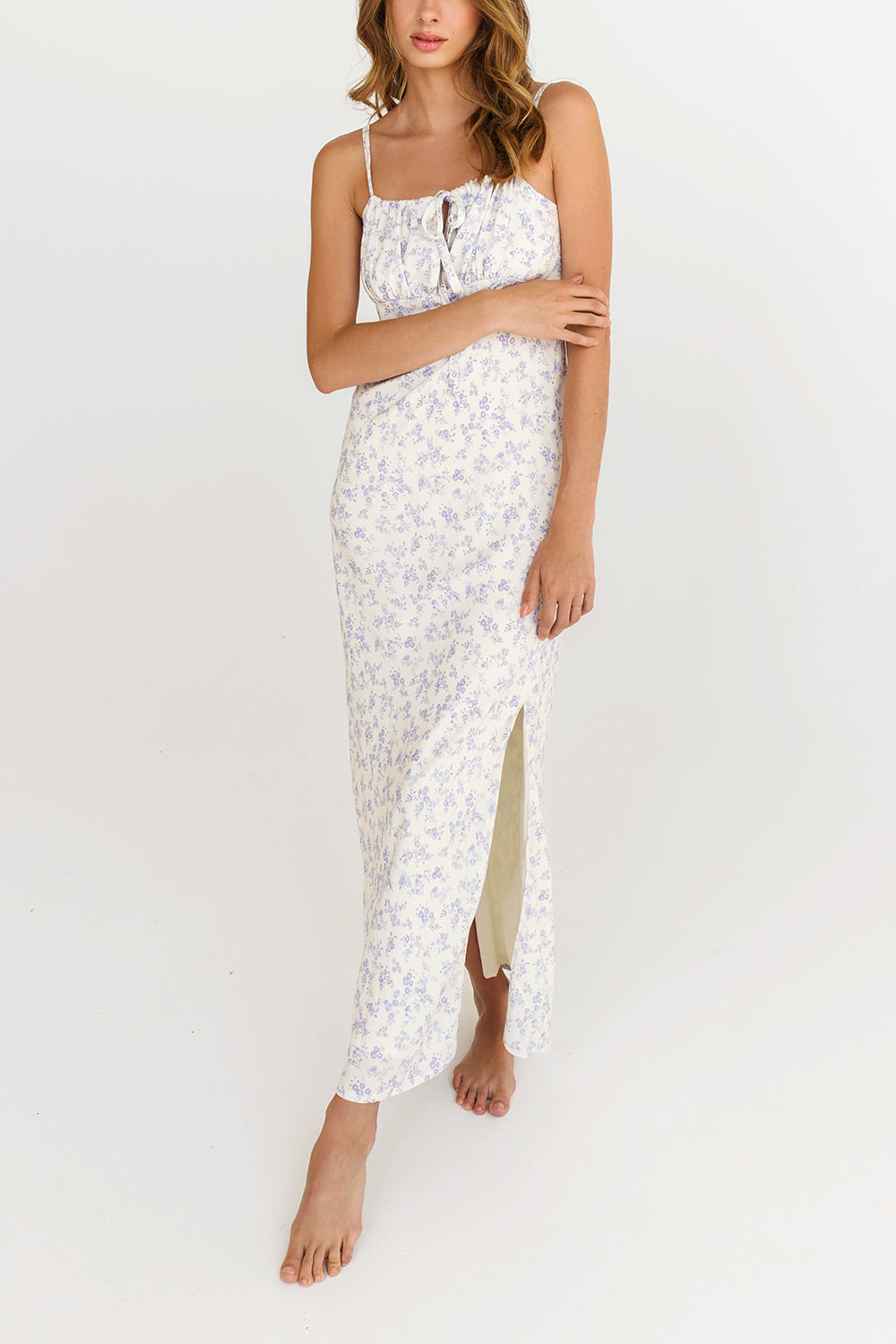 Dailystory Madelyne Floral Blue Midi Dress w/ Slit la petite garconne model