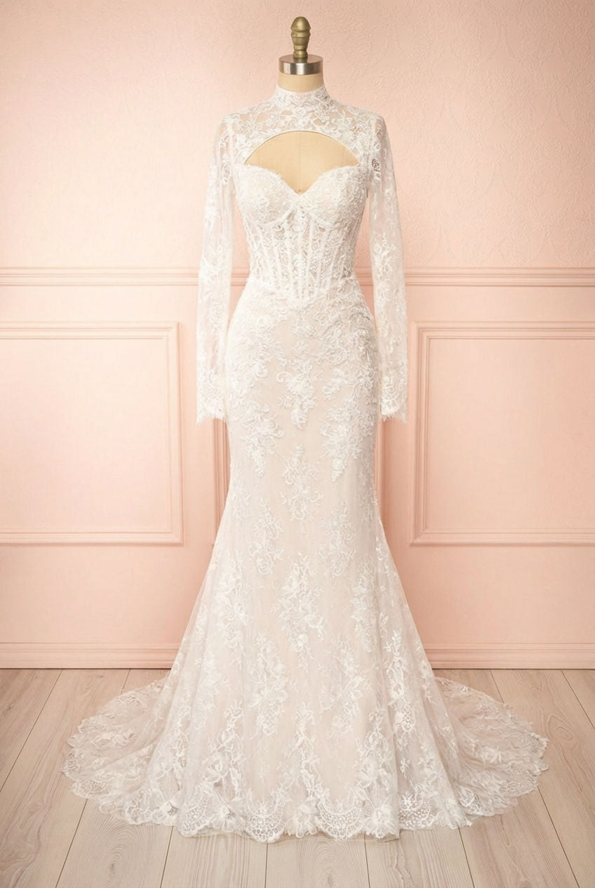 Frontview of Maelie, a strapless lace wedding dress with corset from Boudoir 1861