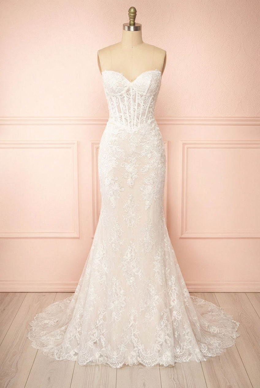 Frontview of Maelie, a strapless lace wedding dress with corset from Boudoir 1861