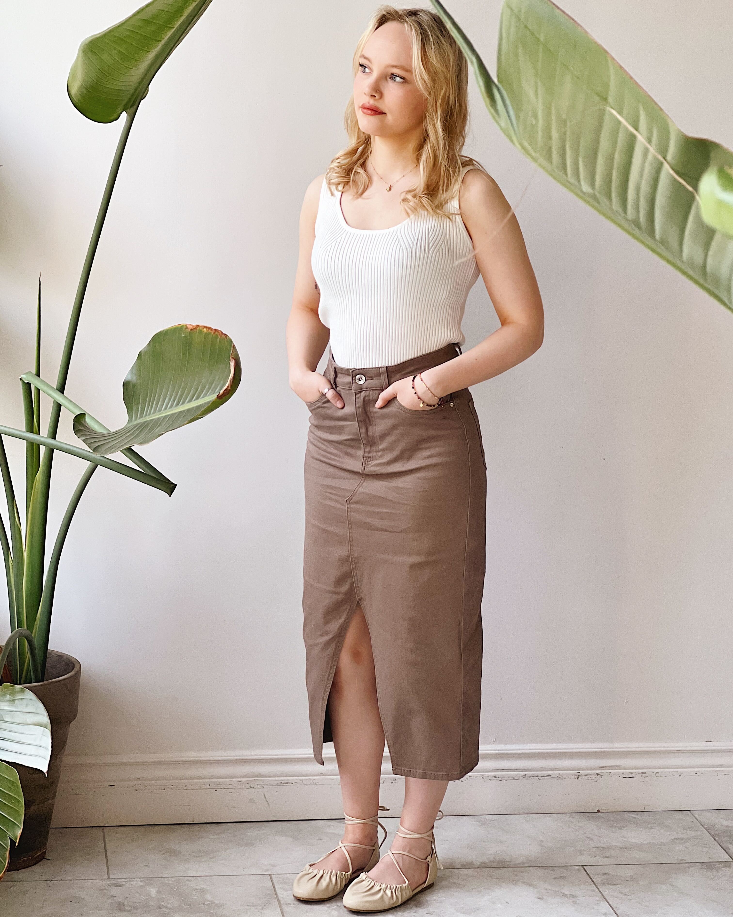 Busan Taupe | Straight Denim Midi Skirt- Boutique 1861 on model