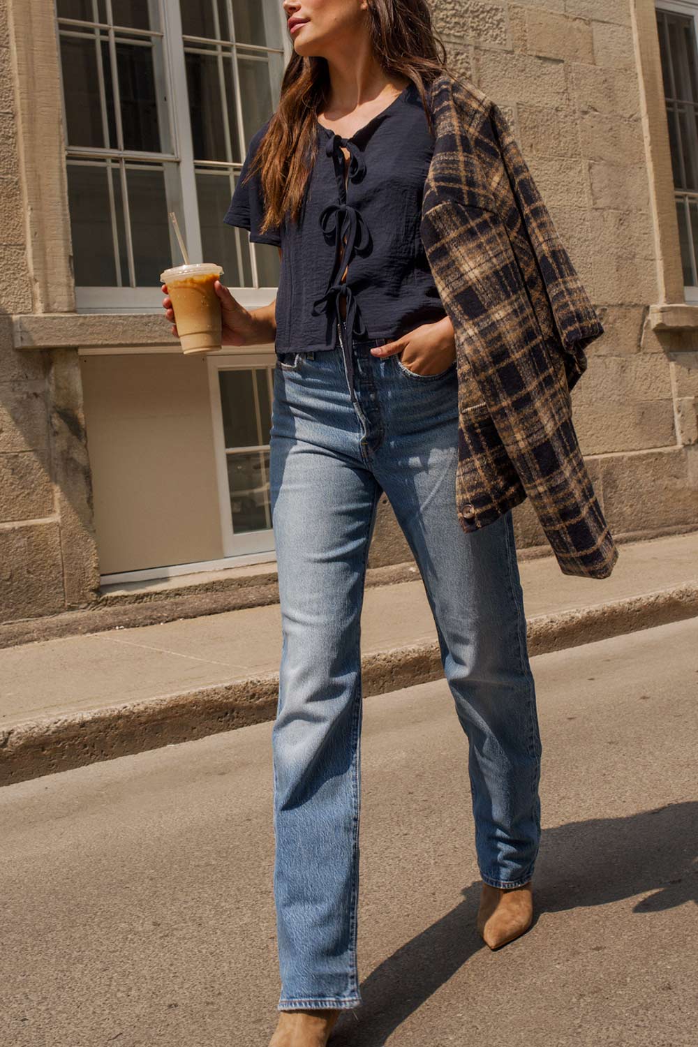 Melrose Navy Short Sleeve Blouse with Ties by Dailystory | La petite garçonne outside