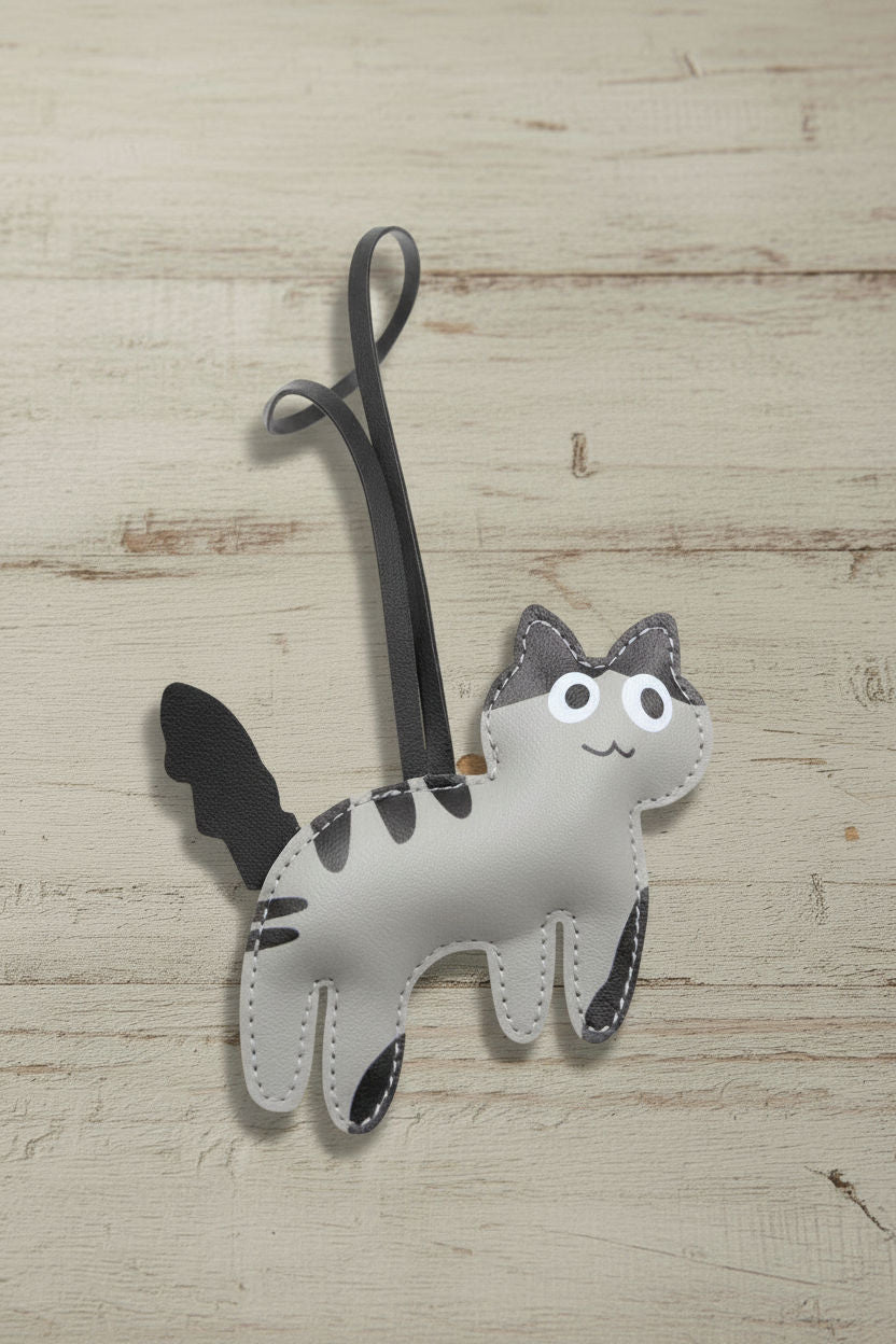 Cat-shaped keychain named Meowy Grey on a wooden surface